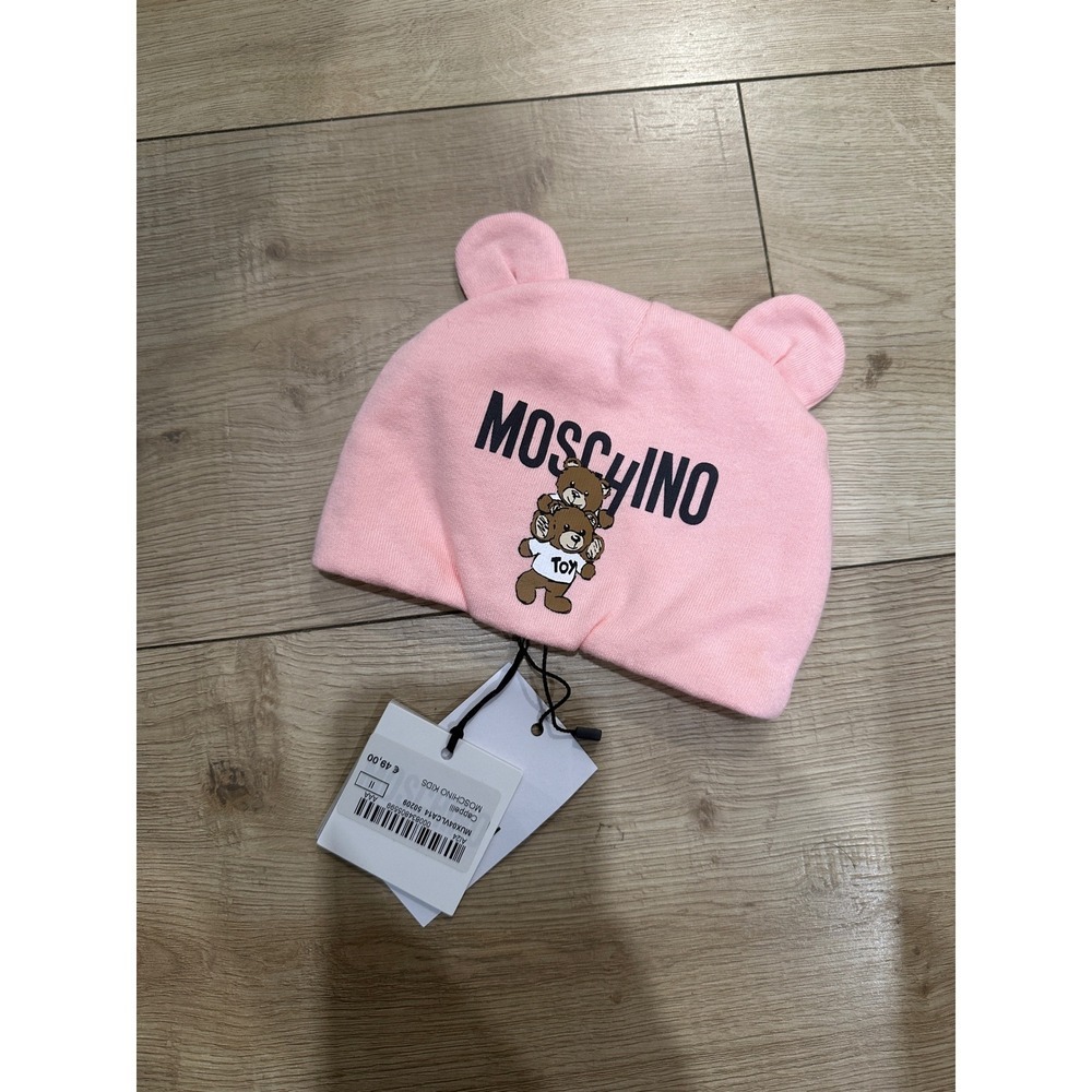 Moschino Kids Pink Toy Bear Logo Beanie Hat with Ears MUX04V LCA14 Newborn